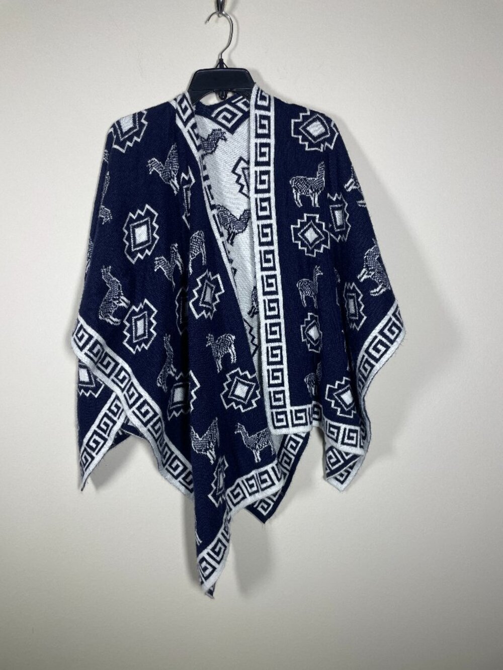 Peruvian Alpaca Wool Poncho It is reversible and open Front Navy White!